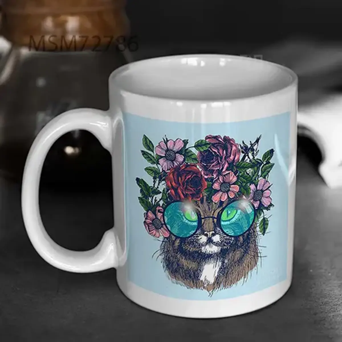 Maine Coon Cat Portrait With Floral Mug