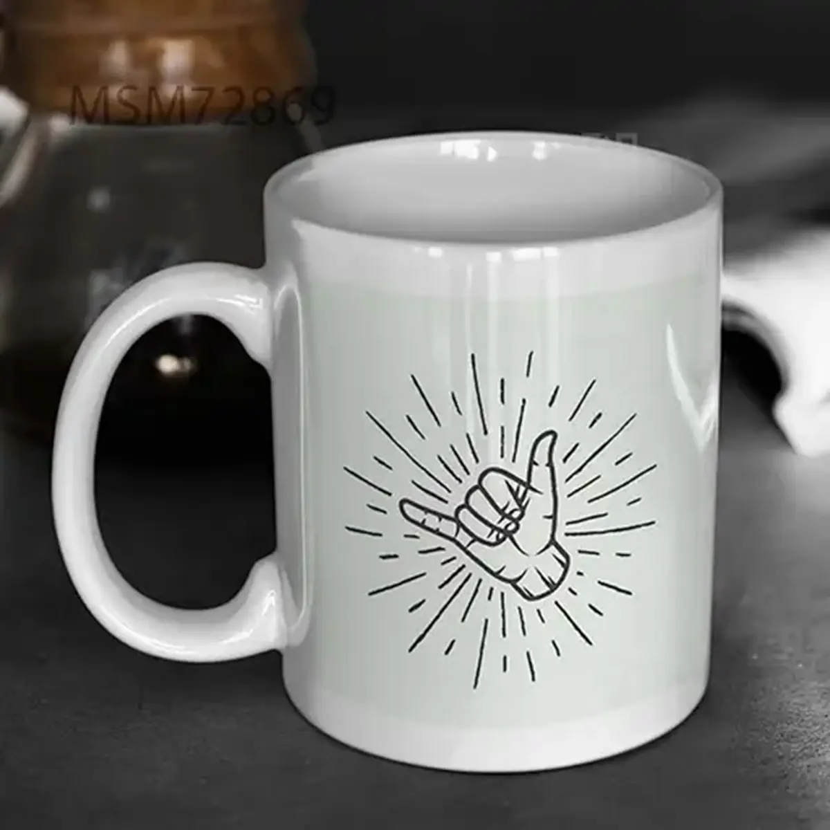 Vintage Surfing Shaka Hand With Retro Mug